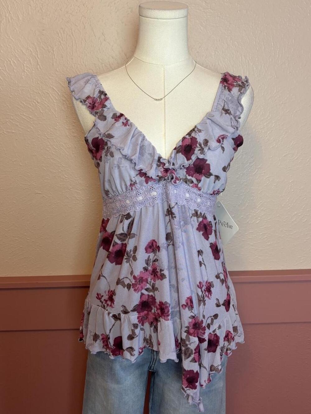 babydoll ruffle fairy top  la peche nwt sz medium purple lilac asymmetrical hem